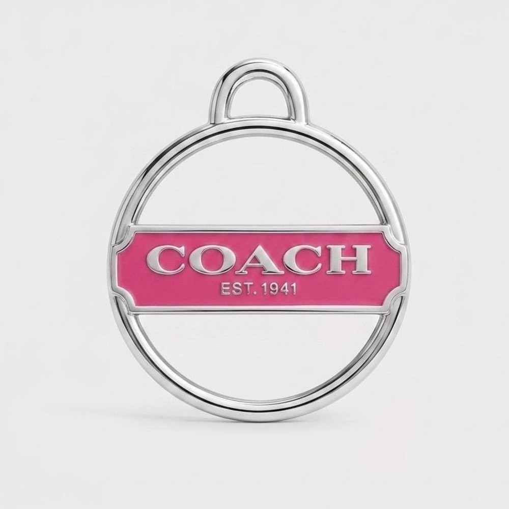 Coach Est 1941 Pink Enamel Silver Tone Circular Bag Charm Keychain Pendant